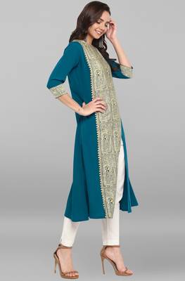 Janasya Turquoise printed crepe kurti 4