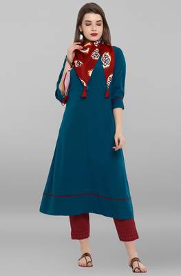 Janasya Turquoise plain crepe kurti 1