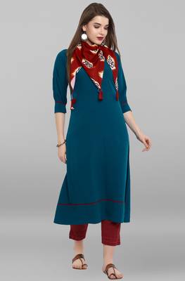 Janasya Turquoise plain crepe kurti 2