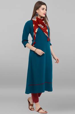 Janasya Turquoise plain crepe kurti 4