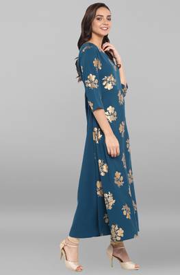 Janasya Turquoise printed crepe kurti 4