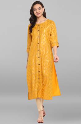 Janasya Mustard printed crepe kurti 1