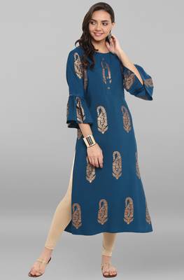 Janasya Turquoise printed crepe kurti 1