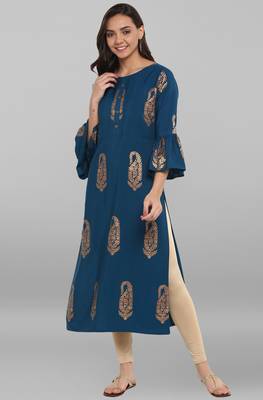 Janasya Turquoise printed crepe kurti 2