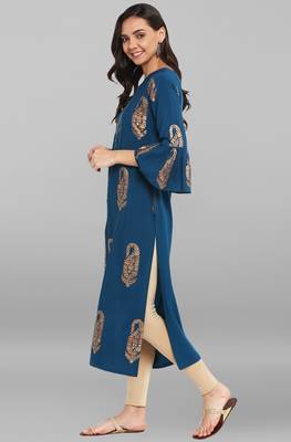Janasya Turquoise printed crepe kurti 3