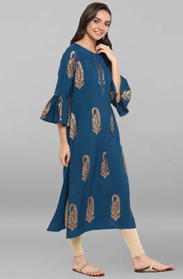 Janasya Turquoise printed crepe kurti 4