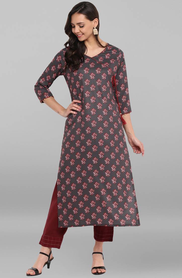 Janasya Grey printed crepe kurti