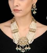 Golden Semi Precious Beads Kundan And Pearl Wedding  Necklace Sets