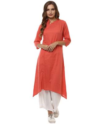 peach plain cotton stitched kurti 1