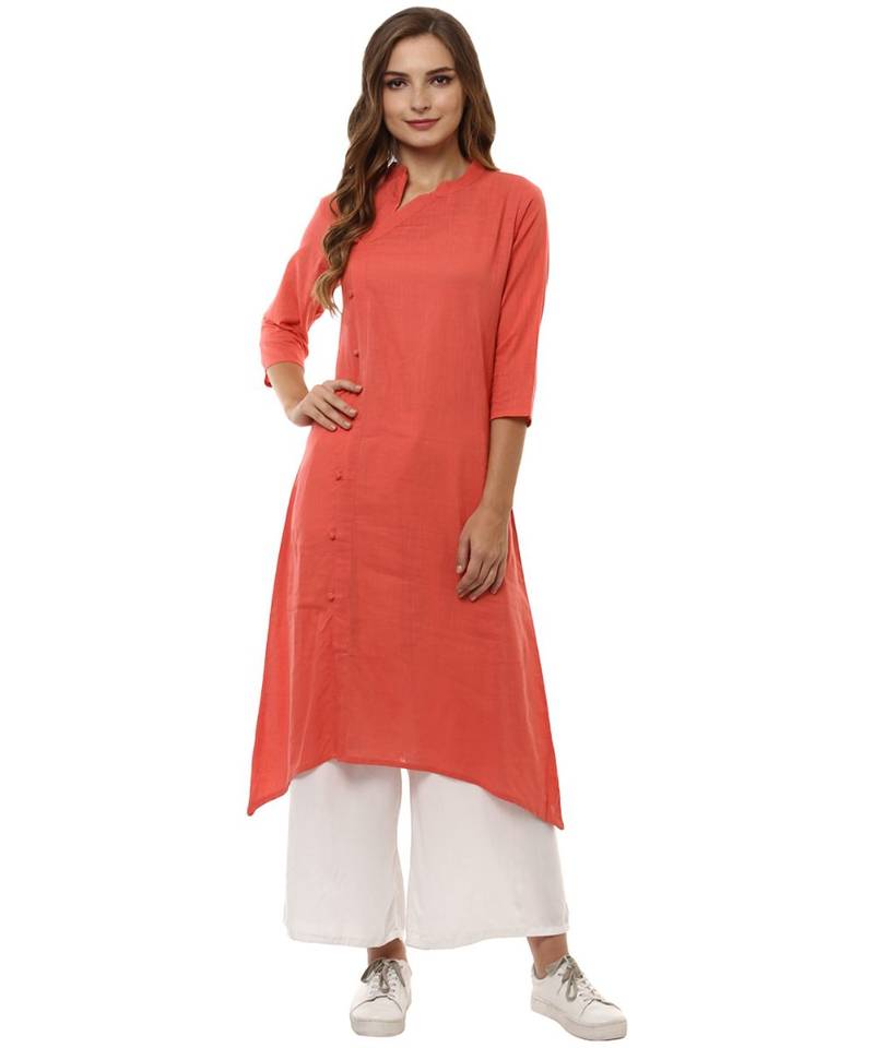 peach plain cotton stitched kurti