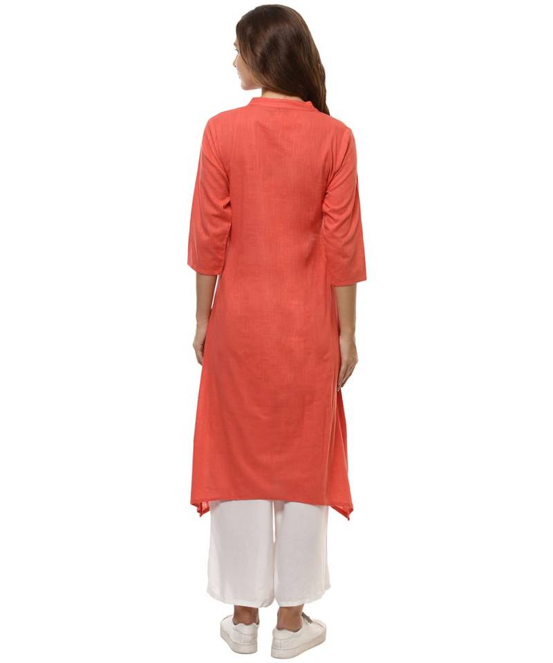 peach plain cotton stitched kurti