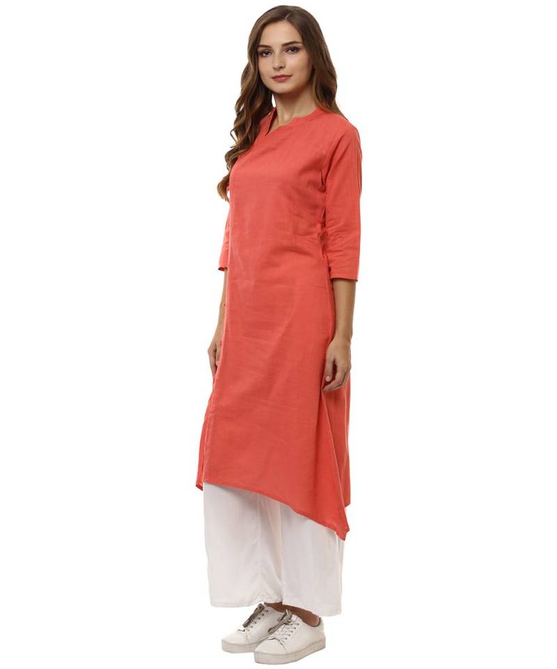 peach plain cotton stitched kurti