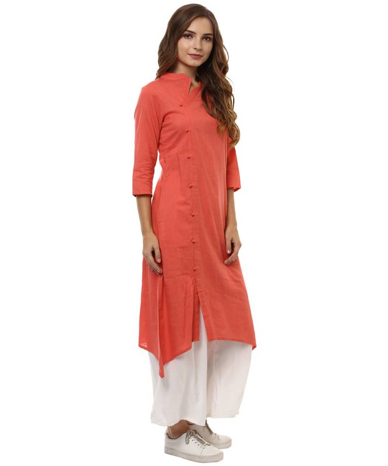 peach plain cotton stitched kurti