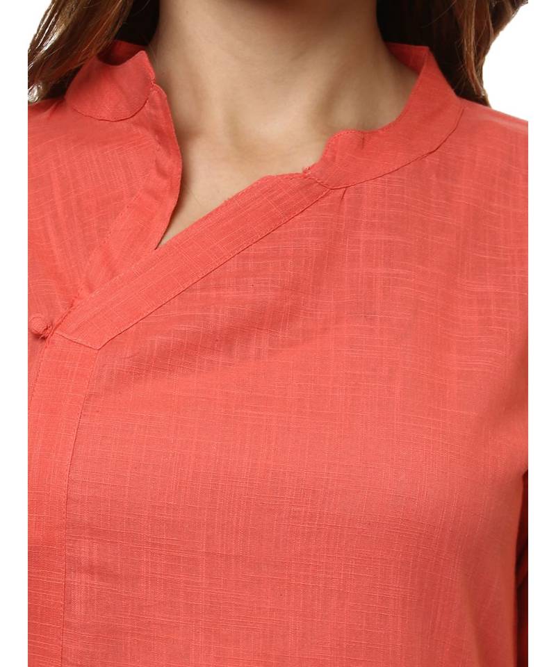 peach plain cotton stitched kurti