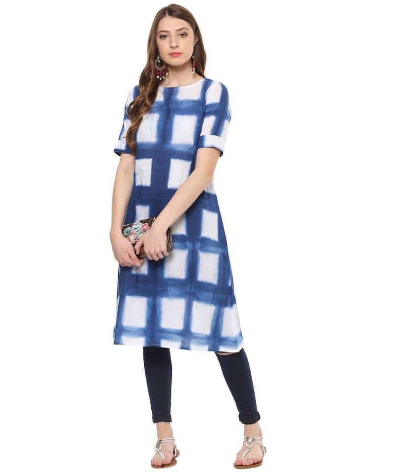 blue printed cotton stitched kurti