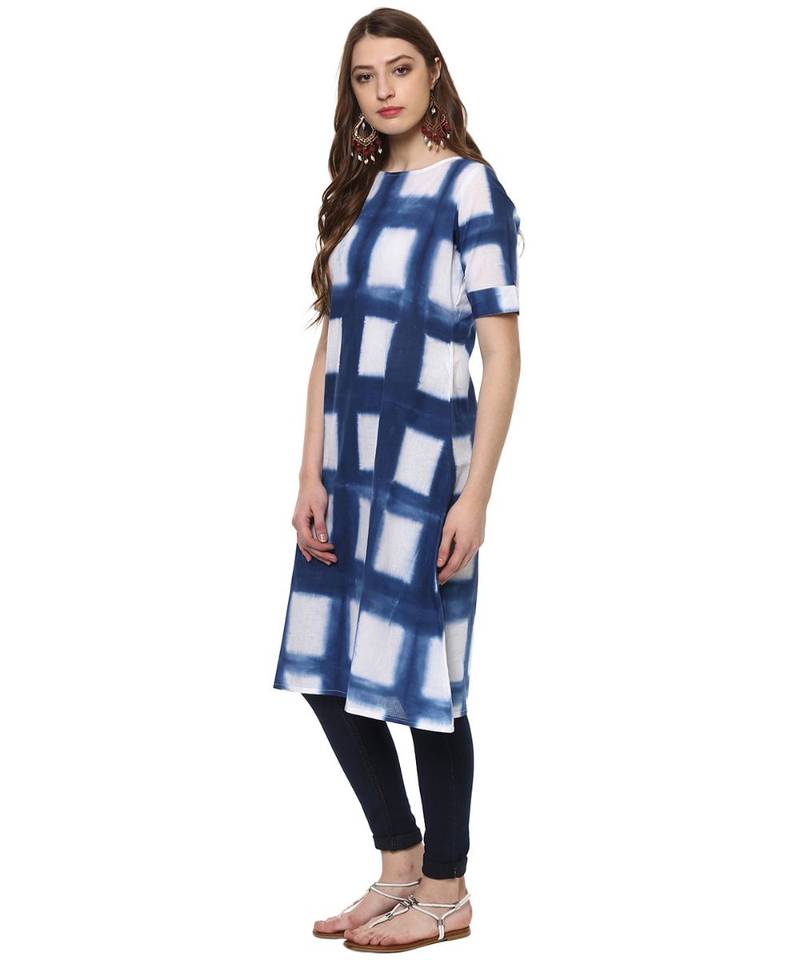 blue printed cotton stitched kurti