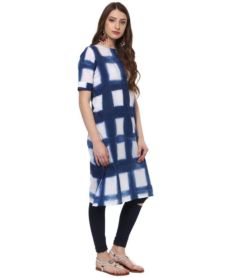 blue printed cotton stitched kurti