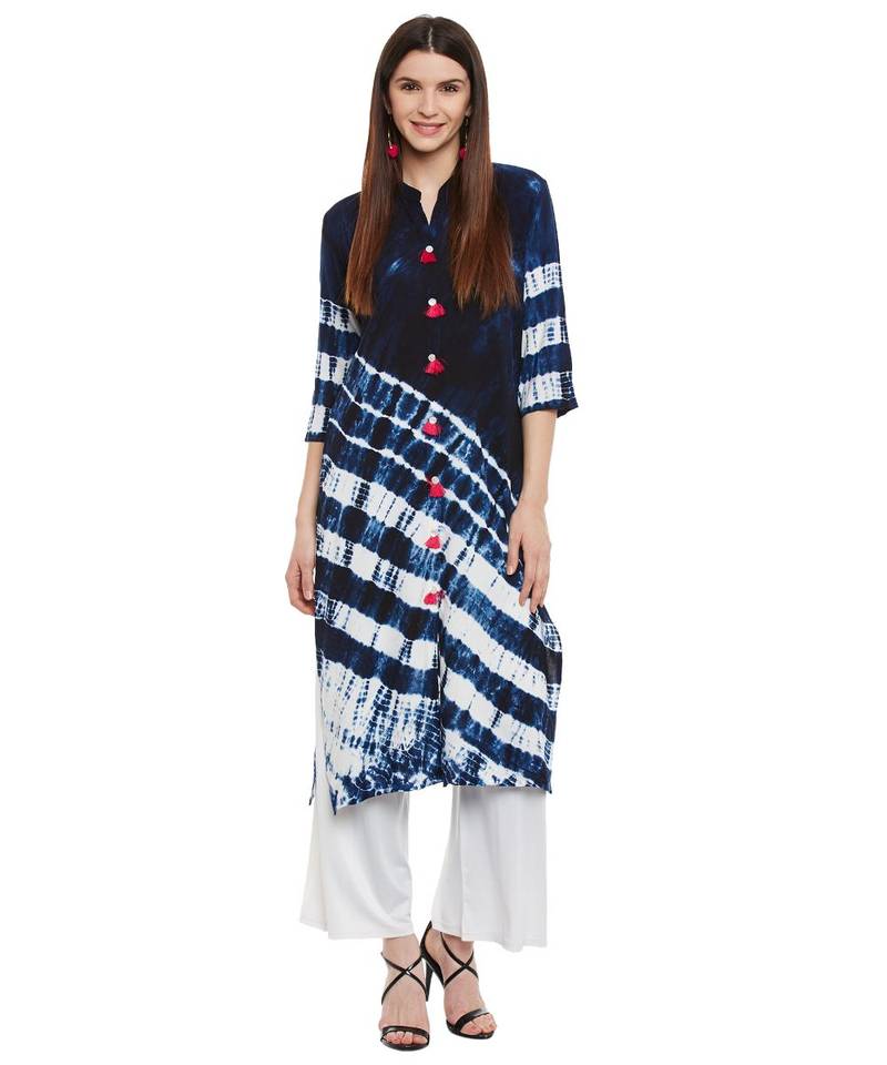 blue printed rayon stitched kurti