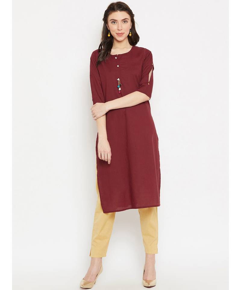maroon printed cotton stitched kurti