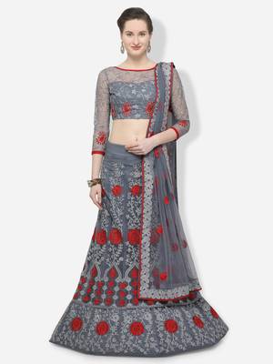 Grey Embroidered Net Semi Stitched Lehenga 1