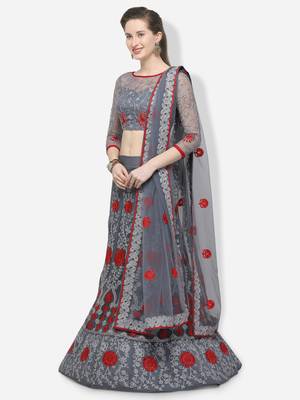 Grey Embroidered Net Semi Stitched Lehenga 2
