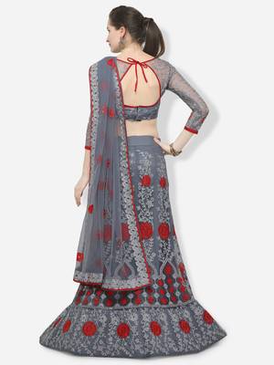 Grey Embroidered Net Semi Stitched Lehenga 3