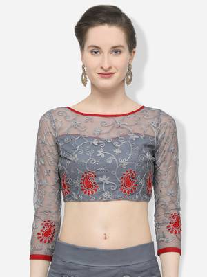 Grey Embroidered Net Semi Stitched Lehenga 4