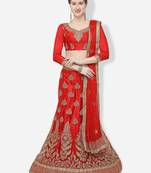 Red Embroidered Net Semi Stitched Lehenga