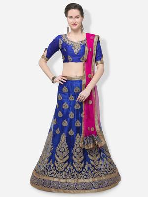 Blue Embroidered Net Semi Stitched Lehenga 1