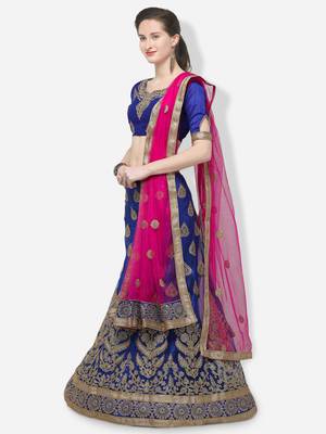 Blue Embroidered Net Semi Stitched Lehenga 2