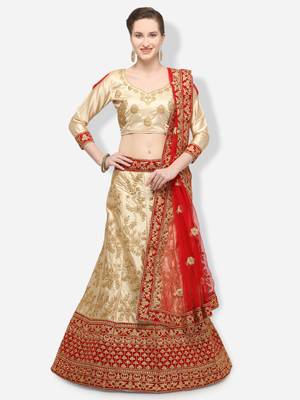 Beige Embroidered Satin Semi Stitched Lehenga 1