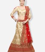 Beige Embroidered Satin Semi Stitched Lehenga