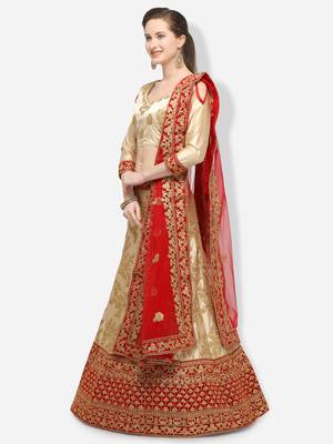 Beige Embroidered Satin Semi Stitched Lehenga 2