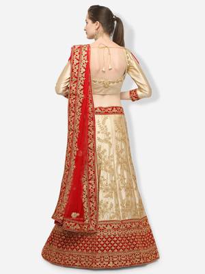 Beige Embroidered Satin Semi Stitched Lehenga 3