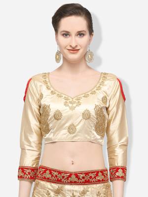 Beige Embroidered Satin Semi Stitched Lehenga 4