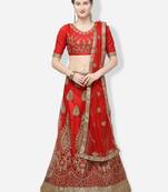 Red Embroidered Net Semi Stitched Lehenga