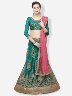 Green Embroidered Net Semi Stitched Lehenga 1