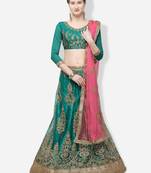 Green Embroidered Net Semi Stitched Lehenga