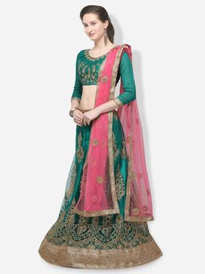 Green Embroidered Net Semi Stitched Lehenga 2