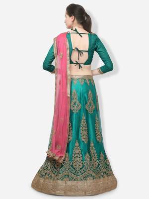 Green Embroidered Net Semi Stitched Lehenga 3