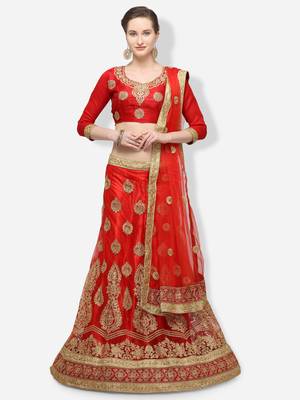 Red Embroidered Net Semi Stitched Lehenga 1
