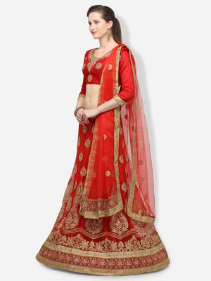 Red Embroidered Net Semi Stitched Lehenga 2