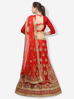 Red Embroidered Net Semi Stitched Lehenga 3