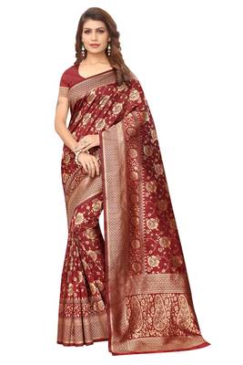 Maroon woven banarasi saree with blouse 1
