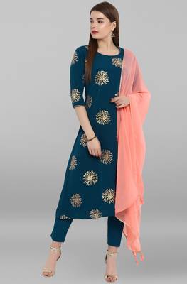 Turquoise printed crepe kurta sets 3
