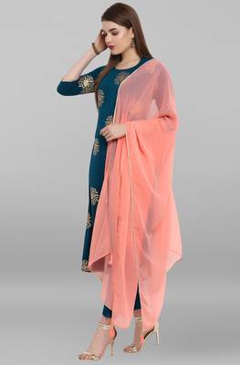 Turquoise printed crepe kurta sets 4