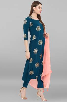 Turquoise printed crepe kurta sets 5