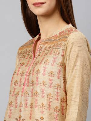 Beige embroidered chanderi kurta 4