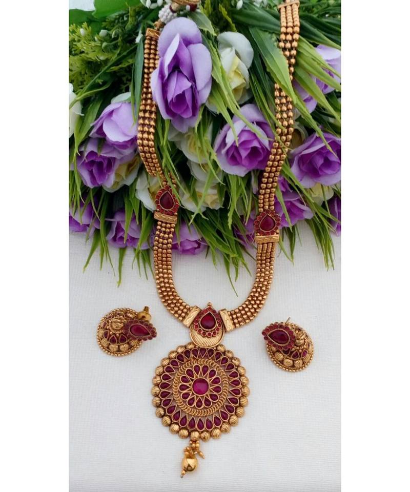 Traditional Antique Gold Tone Long Haaram With Matching Jhumkas