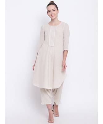 Beige Khadi Lace Kurta- Ruffled Pant 1